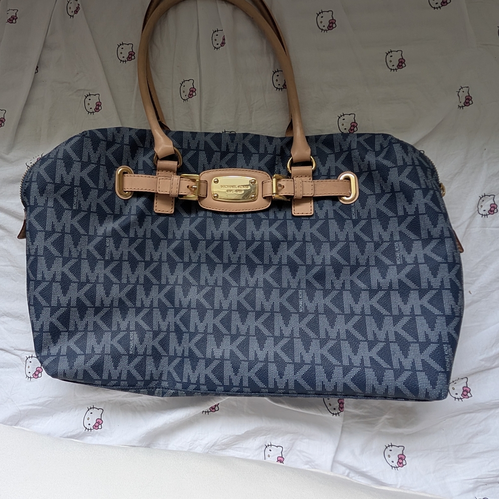 Michael Kors Navy Monogram Tote with Tan Handles